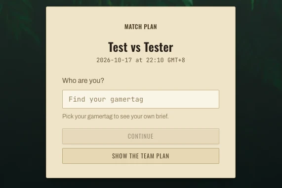 The public match plan page asking "Who are you?", with a gamertag field and a button to show the whole team plan.