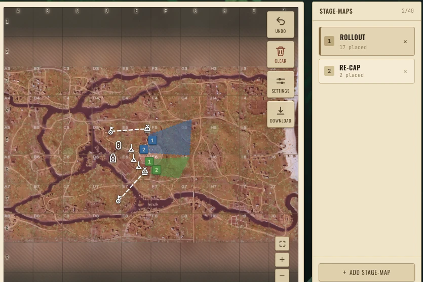 Tacmap editor on a Vietnam map with numbered squad chips, two marked zones and two stage-maps in the side list.